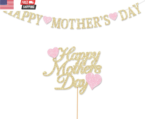 Happy Mother'S Day Banner Party Decorations Glitter Gold Cake Topper Best Mom Ev