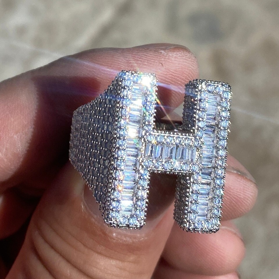925 Sterling Silver Initial Block Letters Iced Baguette Flooded Out CZ ...