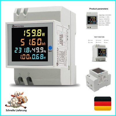 Electricity Meter, DIN Rail, Digital Energy Meter 6-in-1, AC40-300V 100A AC M...