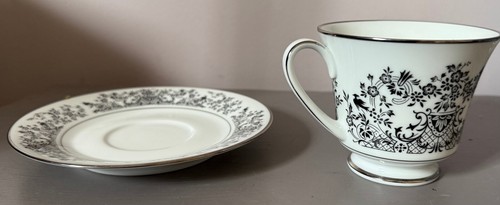 Noritake Cup and Saucer Geneva 6910 Black White Silver Trim Japan - Picture 4 of 7