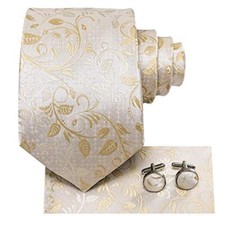 Silk Paisley Necktie and Pocket Square Cufflinks Set Beige
