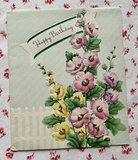 Vintage Early 1940s UNUSED Birthday Hollyhocks Die-Cut Greeting Card