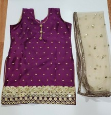 Toddler Girl Indian Purple Silk Salwar Kameez With Gold Net Dupatta Sz 24" 3-4 