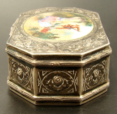 19th Century German 935 Sterling Snuff Box Hand Painted Enamel Romantic Scene - Picture 4 of 10