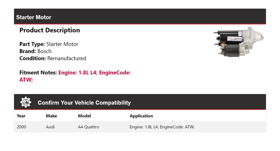 Arranque Bosch para Audi A4 Quattro 2000 1,8 L L4 (remanufacturado) Foto 2 de 4
