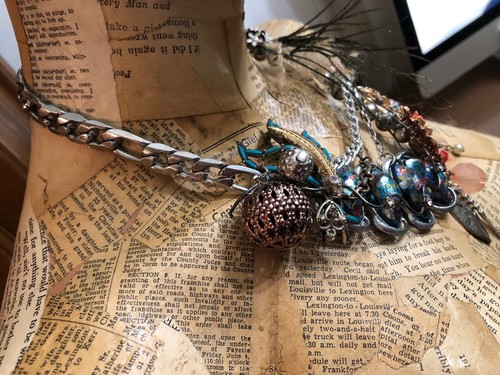 OOAK Whimsical Eclectic Assemblage Collage Statement Bib Necklace~Kat Byrd - Picture 7 of 12