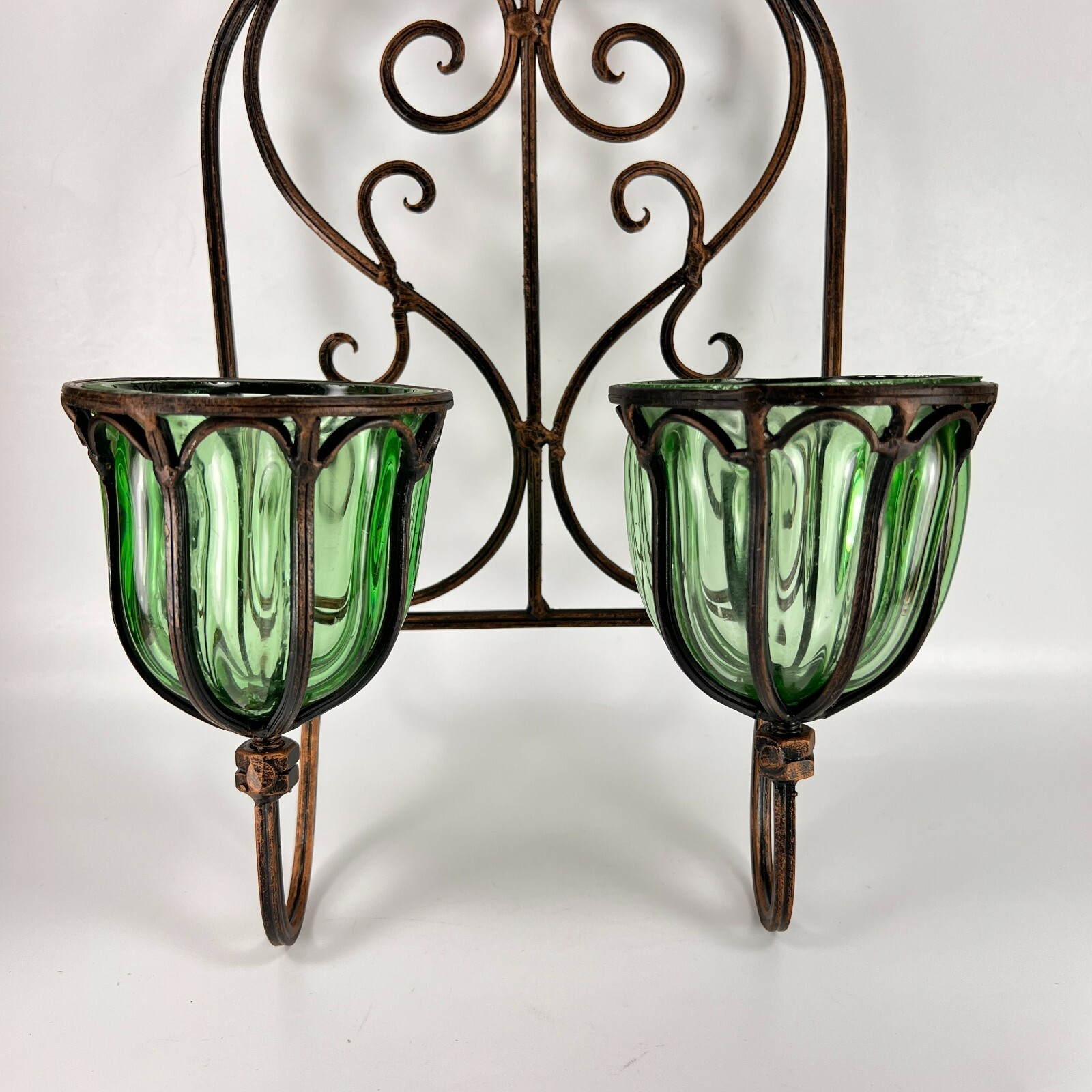 Victorian Gothic Wrought Iron Double Green Caged Glass Votive Candle