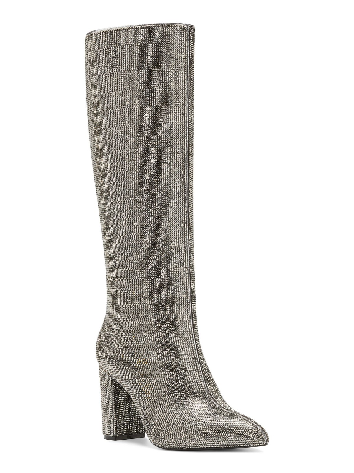 INC Womens Silver Rhinestone Pointed Toe Block Heel Zip-Up Heeled Boots 65 16590₽