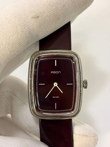 Vintage 1970s Agon Swiss Burgundy Dial TV Case Manual Wind Watch 31x37mm Tank image 3