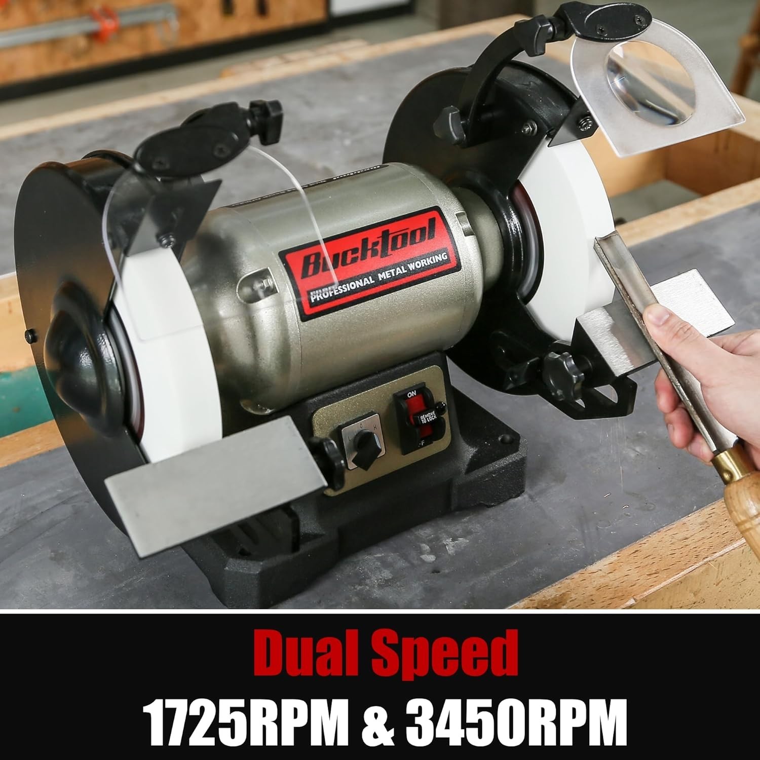 BUCKTOOL Bench Grinder and Buffer, 8-Inch Dual-Speed Grinder with Low/High Speed