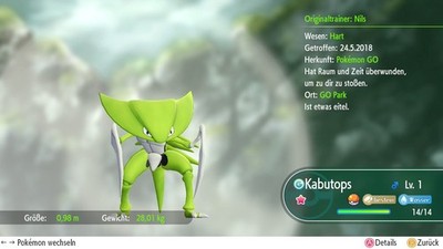 Shiny Kabutops Lvl 1 Pokémon Lets Go Evoli/Pikachu