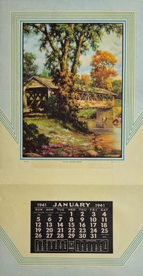 Vintage 1941 Calendar Salesman Sample Litho Print The Old Covered Bridge