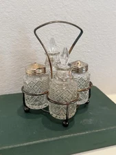 Vintage Sheffield Glass Cruet Set Oil, Vinegar, Salt & Pepper Set- 5 Pieces