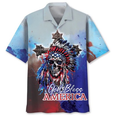 Skull God Bless America Hawaiian Shirt, Funny Hawaiian Shirt, Usa Hawaiian Shirt