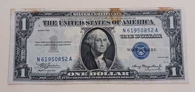 1935 1.00 Blue Double Date SILVER Certificate one dollar NA block some stain