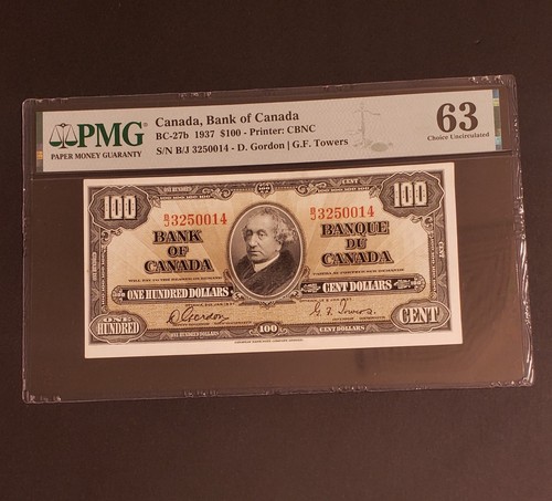 1937 Bank of Canada $100 Banknote. PMG Graded. SERIAL # CAN BE SEEN AT BACK.