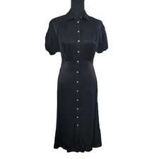 Mango Suit Black Midi Pearl Snap Button Up Collar Short Sleeve Satin Dress Small