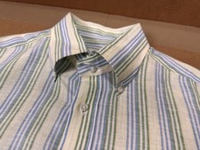 Borrelli Napoli Linen Striped Button Down Long Sleeve Shirt XL Made Italy