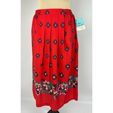 Vintage Red Midi Skirt Eclectic Boho Folk Floral Kitsch Prairie Retro Pleated L