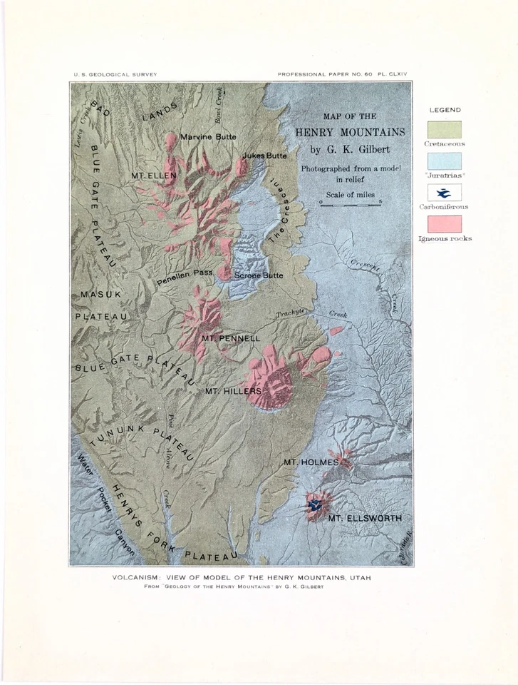 1908 HENRY MOUNTAINS - UTAH Map ORIGINAL  Volcanism - Mt Holmes - Masuk - Image 2 of 3