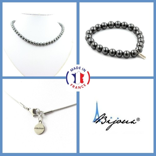 Collier 3 Perles D'Hématite 8mm Sur Chaîne Acier Inoxydable - Bijou Pierre Naturelle, Neuf Avec étiquette