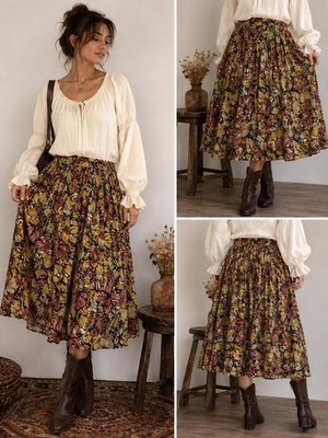 Sara Studio Petite Floral Cotton Peasant Midi Skirt Boho Cottagecore PM