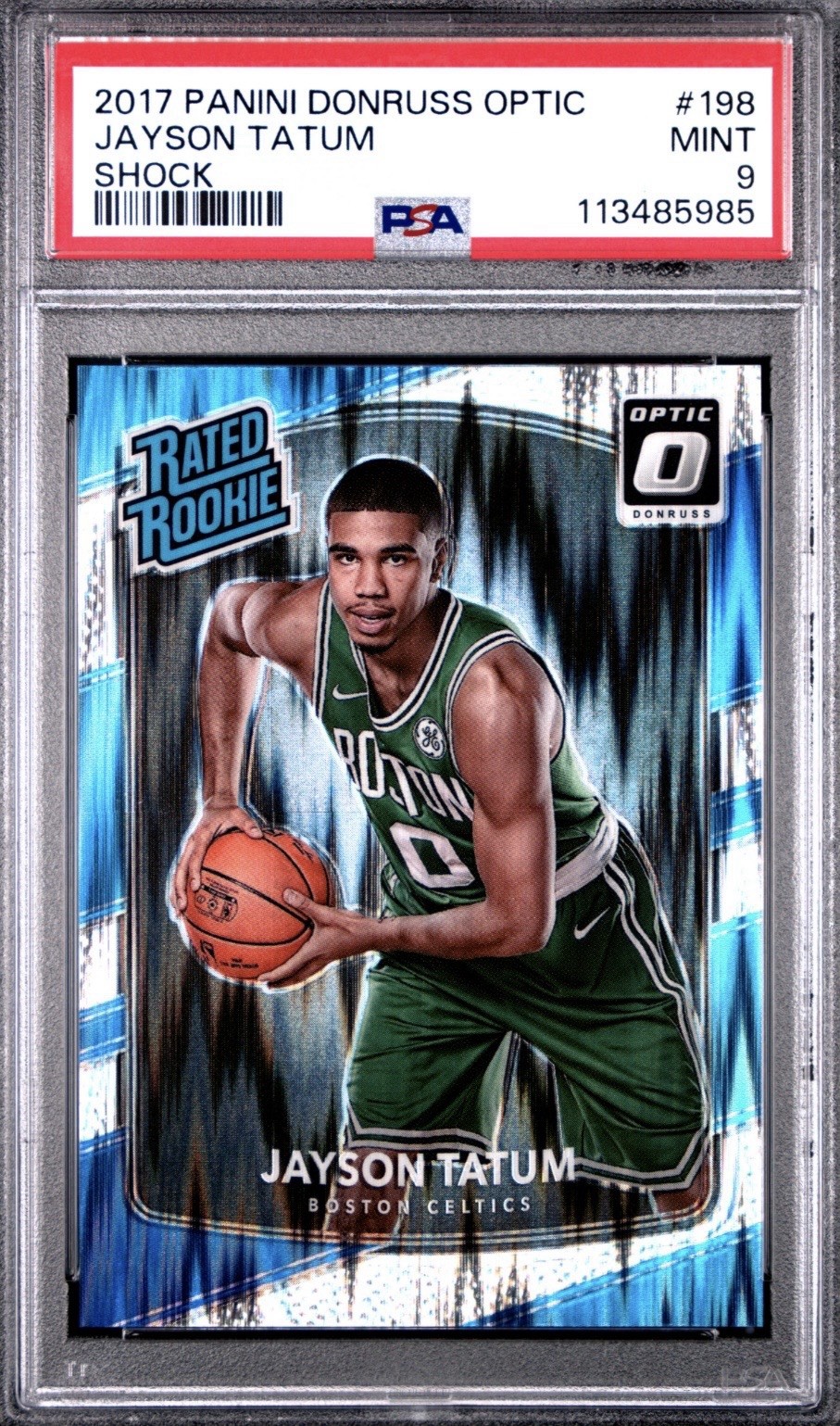2017-18 Panini Donruss Optic Jayson Tatum RC #198 Rated Rookie Shock Prizm PSA 9