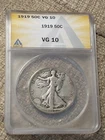 1919 Low Mintage Liberty Walking Half Dollar, ANACS VG 10, Natural, Undamaged
