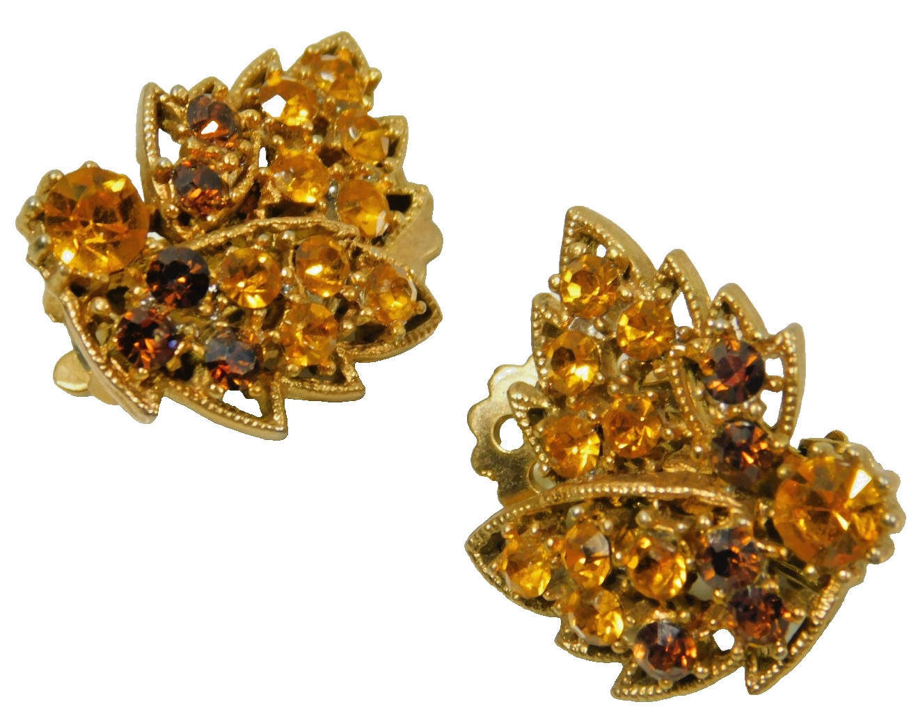 Vintage 1950's  Light and Dark Amber Rhinestone Leaf Clip On Earrings