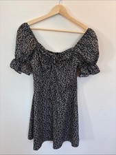 SHEIN Black Mini Dress with White Floral Print and Puff Sleeves