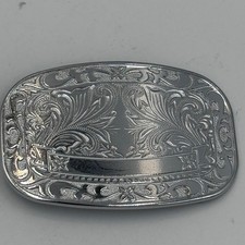 Western Floral Engraved Silver Tone Oval Belt Buckle Cowboy Scrollwork Design