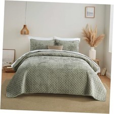 Velvet Bedspread Quilt Bedding Sets,Luxury King 96by108 inch Olive Green