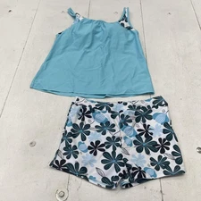 Tankini Swimsuit Set Womens Medium Blue White Floral Swim Shorts Two Piece Pool