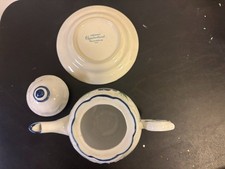 Vintage Ceramic Teapot with Saucer - Blue Tri...