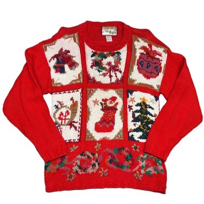 Vintage Red Crystal Robe Christmas Sweater Santa Tree M Knit Holiday Sweater