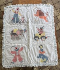 Vintage Hand Embroidered Baby Quilt, Circus, Lion, Clowns, Elephant, 35" x 40"