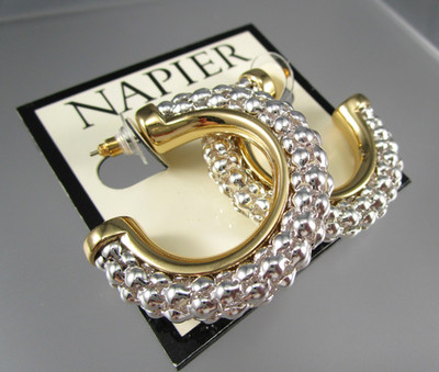 New NAPIER Silver & Gold Tone Popcorn Chain 1.5'' Hoop Post Pierced Earrings 159C