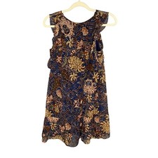 Madewell Batik Floral Ruffle Sleeveless Tassel Tie Dress Navy Blue Small