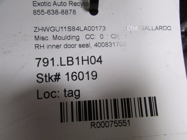 Lamborghini Gallardo, RH, Right Inner Door Seal, Used, P/N 400831708