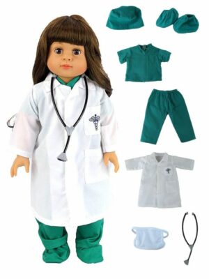 Doll Clothes 18'' Surgical Scrubs Lab Coat Mask Booties Stethoscope Fit 18'' Dolls