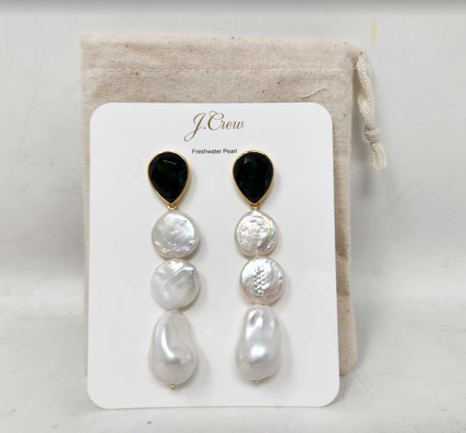 New J Crew freshwater pearl and green crystal 3 J. Crew - Freshwater Pearl and Emerald Green Crystal Drop Earrings display picture 1