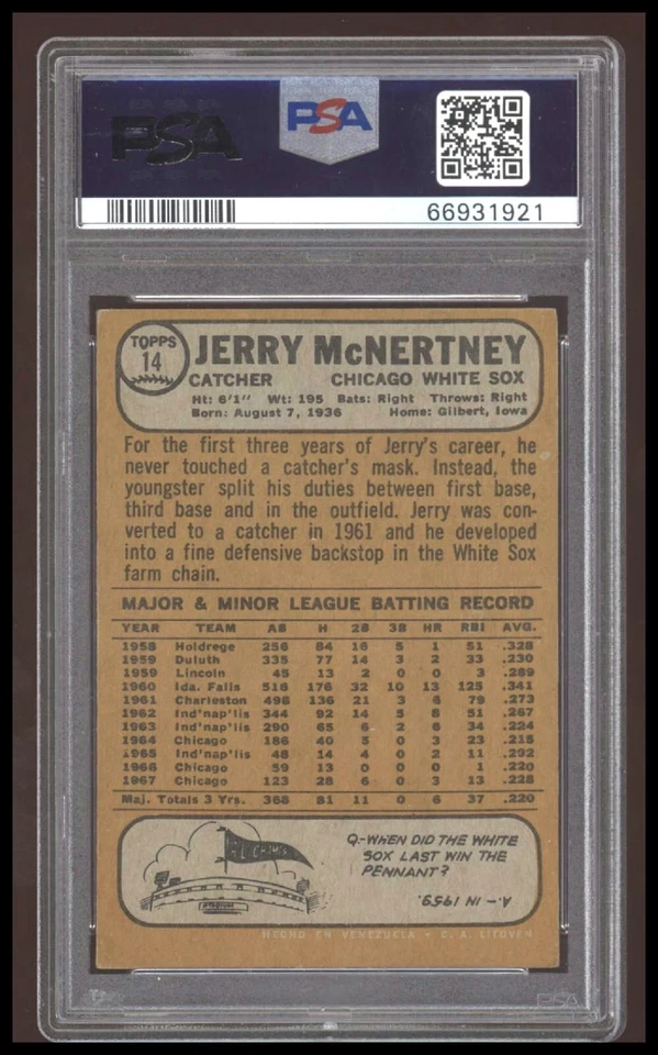 1968 Topps Venezuelan Jerry McNertney PSA 4 - Pop 1. Only 1 Higher! 14 Venezuela - Image 2 of 2