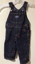 Oshkosh B'gosh Bib Overalls Denim Jeans Red Embroidered Trains Sz 9 Months