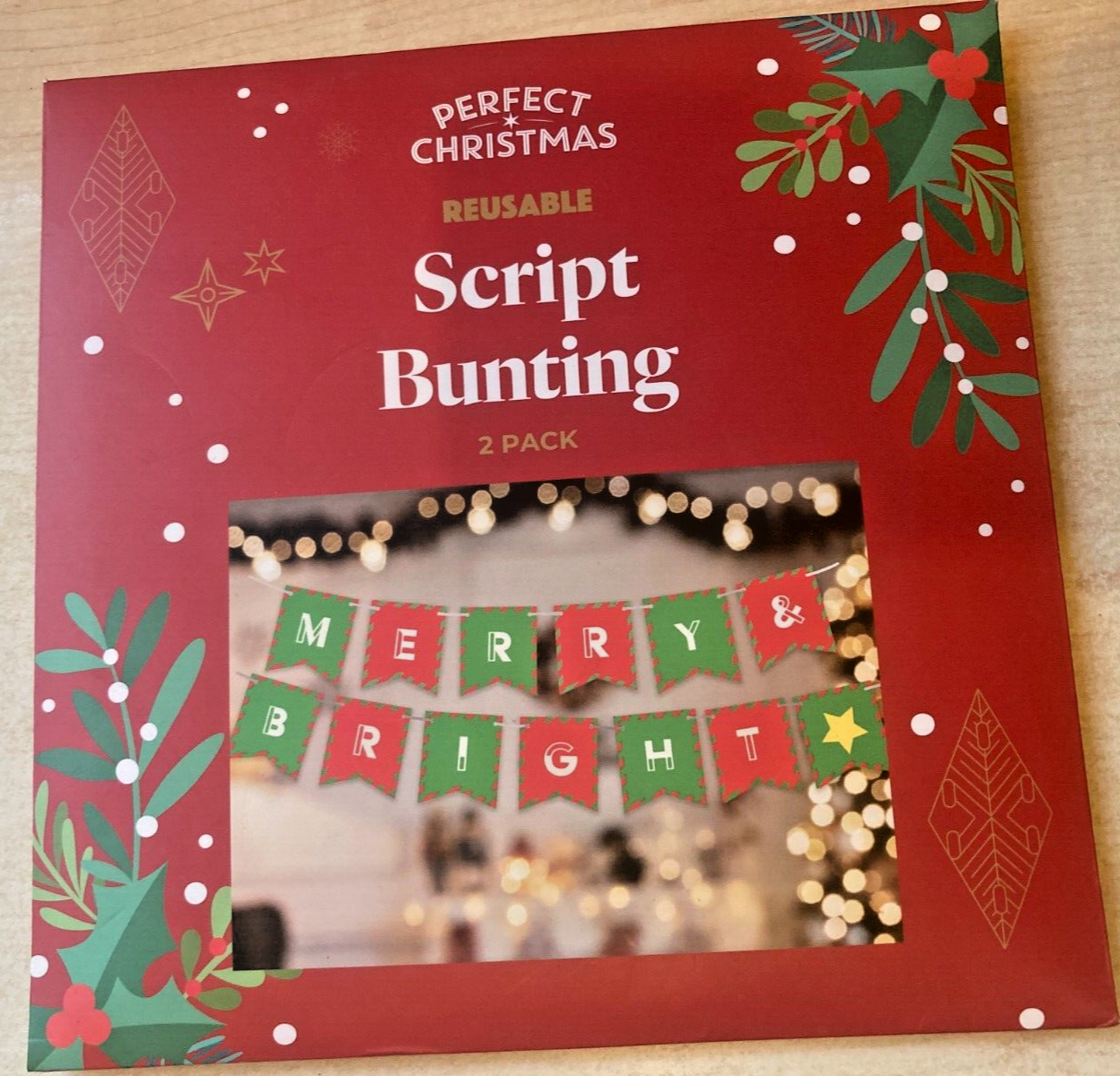 BNIP New Aldi Reusable MERRY & BRIGHT Christmas Script Bunting Garland Banner