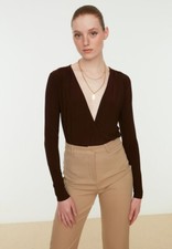 Trendyol Plunge Neck Knitted Body Women Brown Size L