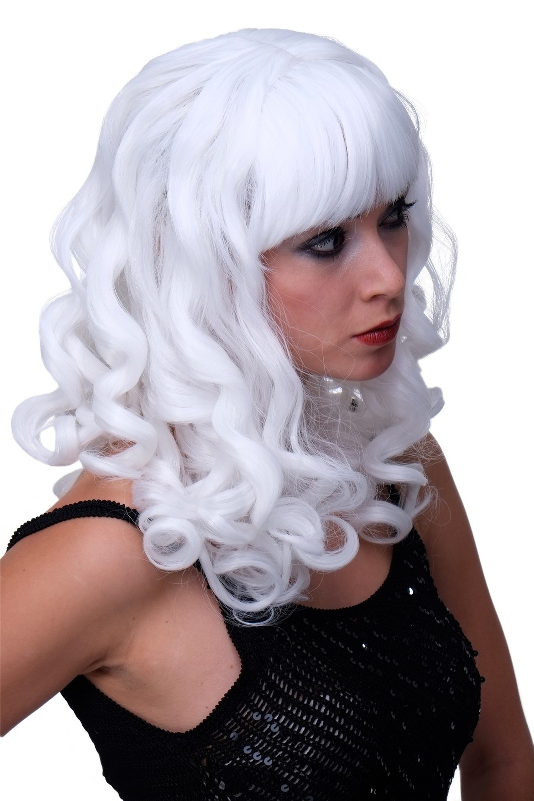 Peluca Carnaval Ardiente Vampiro Diva Rojo Flequillo Rizado Largo Mujer Mujeres