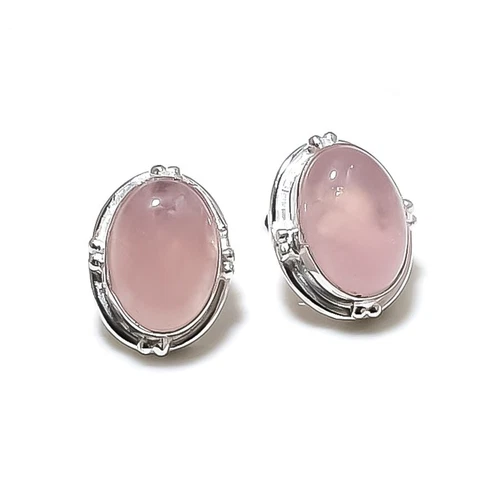 Pink Rose Quartz Gemstone 925 Sterling Silver Jewelry Stud Earring Size 0.75"