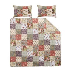 BEAUTIFUL VINTAGE COTTAGE PATCHWORK BLUE GREEN RED PINK ROSE IVORY QUILT SET