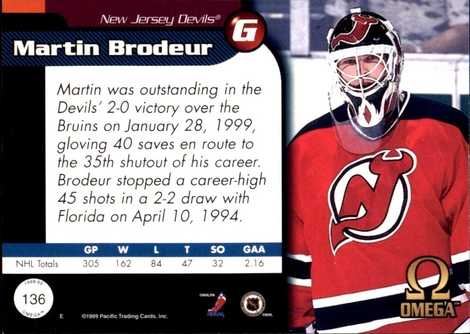 Martin Brodeur NEW JERSEY DEVILS 1998-99 Pacific Omega #136 - Image 2 of 2