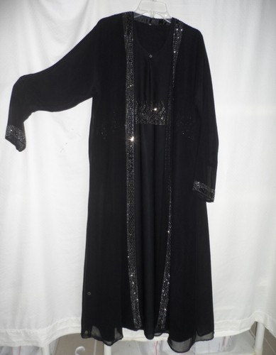 Black Abaya Jilbab Rhinestone Overlap Layers Loose Maxi Dress Plus Size XL - 第 2/6 張圖片